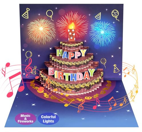 Geburtstagskarte mit Musik, Pop up Musikalische Geburtstagskarte mit Feuerwerk Licht und Blowable LED Kerze, Lustige Happy Birthday karte, Geburtstagsgeschenk für Frauen Männer Mama Mädchen (Lila)