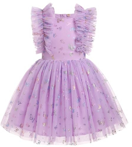 Odizli Vestido festivo para niñas y niños, lentejuelas, princesa, línea A, vestido de tul, boda, fiesta, verano, Mariposa lila., 5-6 años