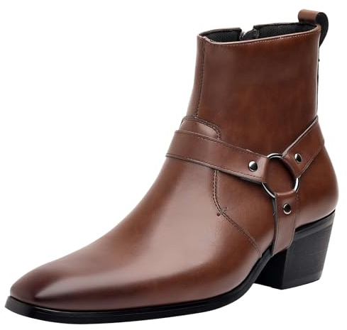 ANUFER Hombre 5cm Tacón Grueso Cremallera Lateral Botines | Cuero Sintético, Estilo Punk Molón, Correa con Remaches, Punta Cuadrada, Botines Elegantes