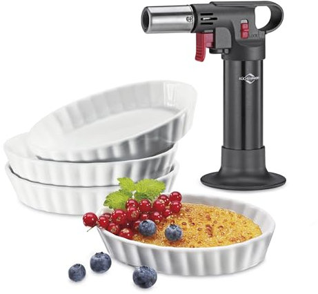 Küchenprofi Set crème brûlée Eco 5 pièces | 1 chalumeau à flamme | 4 coupelles en porcelaine dure (85 ml) | Passe au four et au micro-ondes | Set crème brûlée avec brûleur et coupelles avec recettes