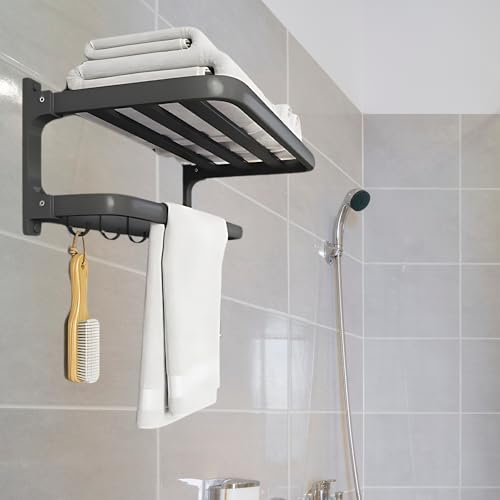 Toallero De Baño sin Taladro, Toallero Adhesivo para baño o Cocina, Lleva 7 Ganchos, 58cm Negro (Lleva Adhesivo y Kit para taladrar), Accesorio de baño Inoxidable