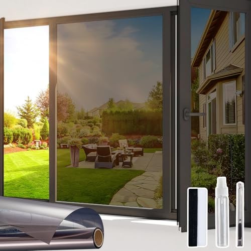 Beautysaid One Way Window Film Privacy Film for Glass Windows, Heat Control Reflective Mirror Window Tint Film Home, UV Sun Blocker Anti Glare Vinyl House Doors Cover with Tools, Black, 60 x 200cm