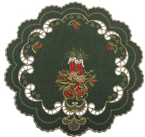 Dunkel-Grün Weihnachten Mitteldecke Tischdecke, Leinen-Optik mit Rot Kerzen Stickerei - Größe wählbar (ca. Rund 60 cm)
