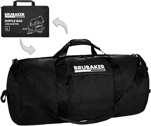 BRUBAKER Bolsa de Viaje Plegable - 110L Duffle Bag Negro - Bolsa de Deporte Weekender Convertible - Bolsa Plegable Grande para Viajes, Vacaciones, Fitness - Bolsa Plegable Ligera para Hombre y Mujer