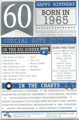 Geburtstagskarte zum 60. Geburtstag, Geboren im Jahr 1965, Sonderedition mit historischen Fakten und Musiktafeln, 23 x 15 cm