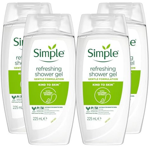 4 x 224ml | Simple Kind to Skin Refreshing Shower Gel | Gental Formulation | with Cucumber Extract and Chamomile Oil | Multipack
