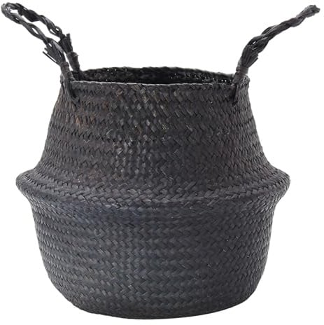 Wuyangcun Handgefertigter schwarzer gewebter Seegraskorb, Aufbewahrungskorb mit Griffen, Blumentopf für Heimdekoration (34 x 28 cm)