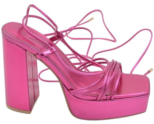 Sandali Donna Laminato Fucsia con Plateau Tacco Largo Lacci alla Schiava Comodi Punta Quadrata Tacco 10 (37 EU)