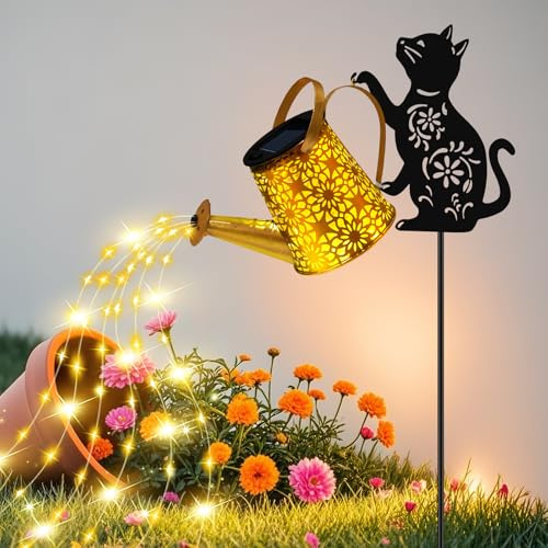 Lampes solaires décoratives d'extérieur, arrosoir avec lumières en cascade, avec piquets de jardin en forme de silhouette de chat, décoration de jardin en métal étanche pour cour, extérieur, terrasse