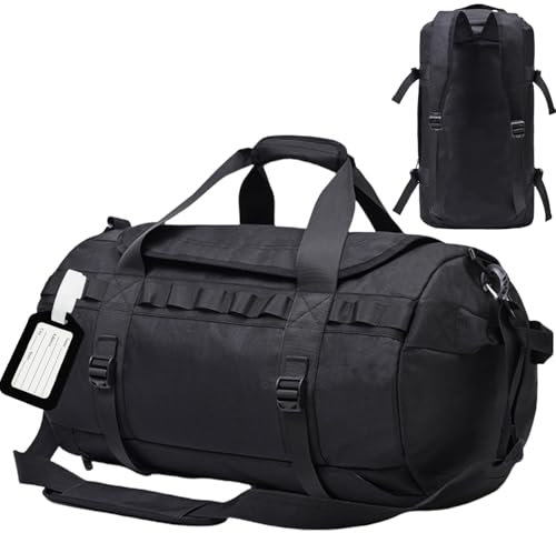 BBAIYULE Bolsa de lona táctica militar, bolsa de deporte, bolsa de noche, bolsa de gimnasio con compartimento para zapatos y bolsillo húmedo, bolsa de viaje con correa para el hombro y mochila, Black