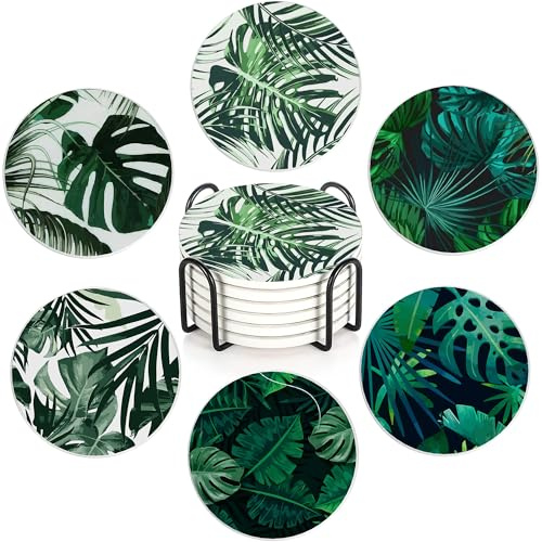 Green Tropical Leaves 6Pack Ceramic Drink Coasters,Quick-Absorb Stone Coasters with Anti-Slip Cork Backing & Metal Holder, Table Protectors for Kitchen Bar