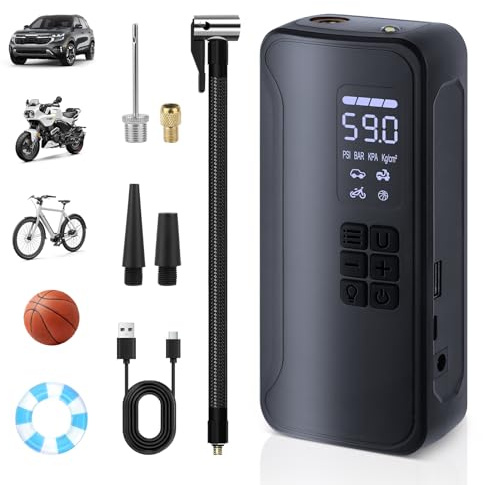 VMUTGA 150PSI Tragbare Elektrische Luftpumpe, Elektrische Fahrradpumpe mit LED-Licht, USB-C Wiederaufladbare Akku Kompressor für Auto, Fahrrad, Motorrad, Bälle