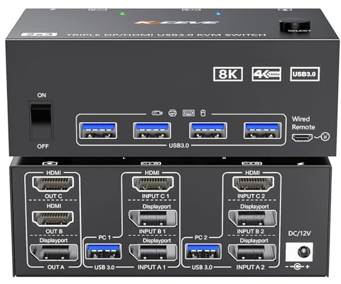 HDMI Displayport KVM Switch 3 Monitor 2 Computers 8K@60Hz/4K@144Hz, USB3.0 KVM Switch for 2PC Shared Triple Monitor and Keyboard Mouse with Power Adapter, Wired Extension Controller, USB 3.0 Cable