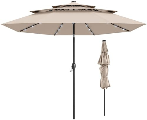 TANGZON 3M Lighted Garden Parasol, 3-Tier Heavy Duty Offset Umbrella with 32 LED Lights, Crank Handle & Tilt Adjustment, Outdoor Cantilever Umbrella Sun Shade Canopy (Beige)