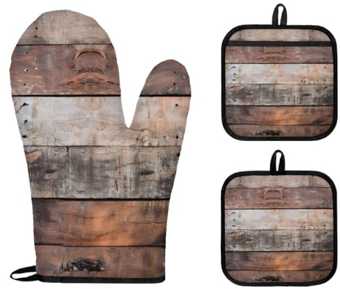 Tablerazzi Old Barn Door Wooden Pattern Oven Mitts and Pot Holder Set of 3, Kitchen Heat Insulation Pads Non-Slip Potholders Baking Gloves for BBQ Cooking Baking