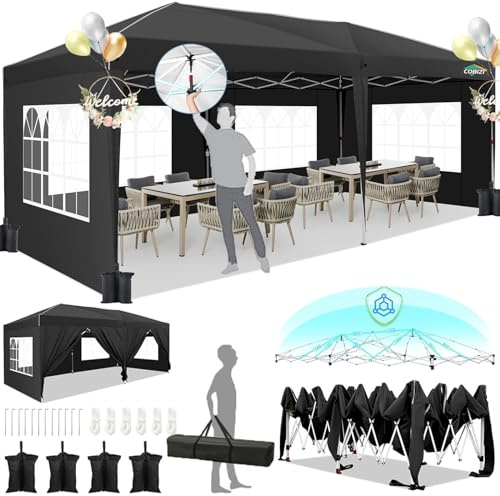 HOTEEL 3x6 Pavillon Wasserdicht Stabil, mit 6 Seitenwänden, Faltpavillon One-Push-Aufbau, 8 Windschutzstangen, Pop Up Partyzelt, für Hochzeiten Party Markt Picknick Camping (Schwarz)