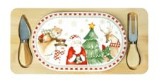 Brandani 84800 Tagliere Racconti Porcellana Con Supporto Bamboo e 2 Coltelli Formaggio Inox 34x16 cm