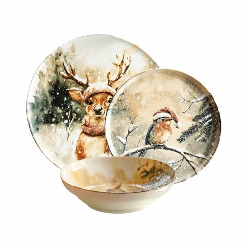 CER-POR Piatti Natalizi BOSCARO | Servizio Piatti Natalizio 18 Pezzi Per 6 Persone In Porcellana Turca Decorati In Stile Invernale