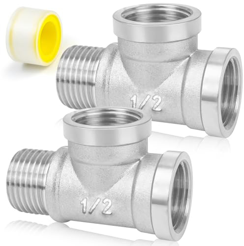 CONJURAIDE 2 raccordi a T da 1/2 (diametro 20 mm), in acciaio inox da 1/2, adattatore per collegamento dell'acqua con nastro di tenuta filettato G1/2, adattatore per rubinetto dell'acqua potabile