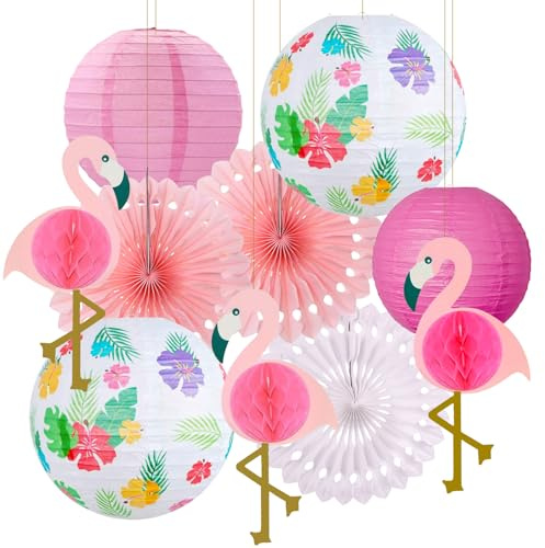 Flamingo Deko, Flamingo Party Deko, Hawaii Party Set, Sommerparty | Papier Deko Set, Papierlaternen, Papierfächer und Flamingo Honeycomb für eine sommerliche Partydekoration