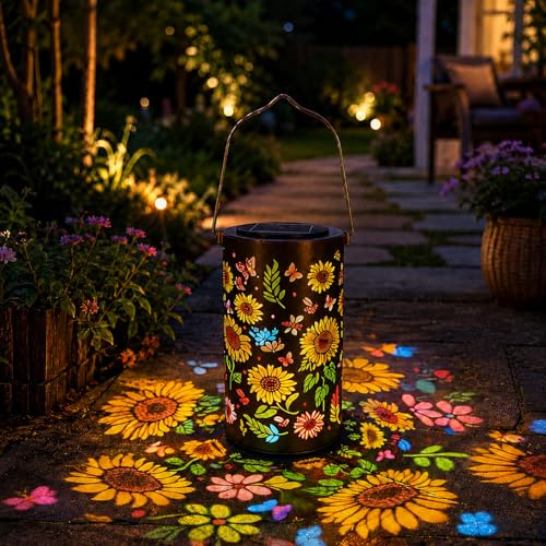 Solarlampen für Außen Hängend, Sonnenblumen Solar Laterne mit Bunte Silhouetten, IP65 Wasserdicht Metall Solarlampe für Garten, Terrasse, Balkon