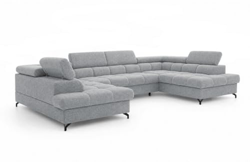 COMFORTINO FURNITURE Ecksofa mit Schlaffunktion Big PASTI U-Form, Sofa Couch mit Bettkasten, 3-Sitzer Eckcouch, Schlafsofa für Wohnzimmer, Big Sofa Couch mit Schlaffunktion (Water Repellent Hellgrau)