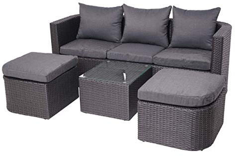 PROREGAL 3in1-Gartenset Sonneninsel Poly-Rattan Anthrazit Kissen Dunkelgrau