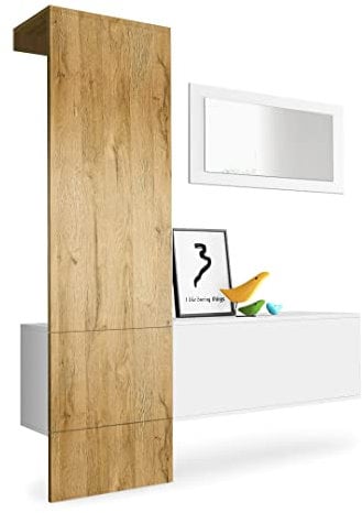 Vladon Garderobe Carlton Set 4, Made in Germany, Garderobenset bestehend aus 1 Garderobenpaneel, 1 Schrankmodul und 1 Wandspiegel, Weiß matt/Eiche Natur (156 x 193 x 35 cm)