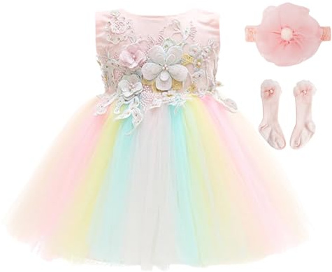 Abito Bimba Battesimo con Tulle Sfumato Arcobaleno,Abito da Festa Principessa Senza Maniche con Fiori e Pizzo,Vestito Elegante per Bambina 6-24 Mesi,Regalo per Cerimonie
