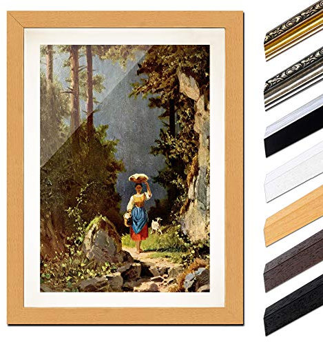 Bilderdepot24 Bild mit Rahmen - Carl Spitzweg Mädchen mit Ziege 20x30 cm ca. A4 - Gerahmter Kunstdruck inkl. Galerie Passepartout Alte Meister - Rahmen buche