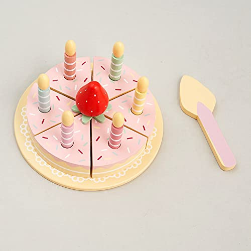 Hooga Wooden Birthday Cake Toy Pretend Play Food Toys for Kids, Pretend Role Play DIY Birthday Cutting Toy Cake Gift for Kids, Boys & Girls with Removable Candles & Strawberry Decoration - Pink