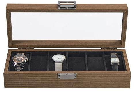 LAUBLUST Uhrenbox aus MDF 6 Fächer - ca. 31 x 12 x 7 cm, Naturbraun | Uhrenkasten mit Sichtfenster-Deckel