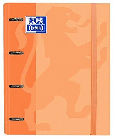 Archivador 4 anillas con recambio y goma Oxford, Tapa Extradura A4+ con Recambio 100 Hojas, Cuadrícula 5x5, Color Melocotón