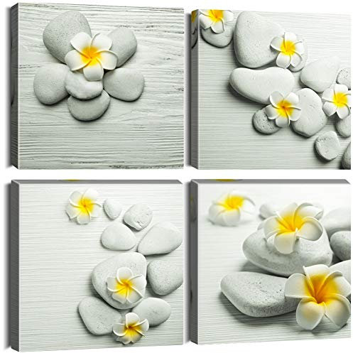 Artscope 4 Teilig Leinwandbilder mit Stein mit gelben Blumen Motiv Kunstdruck - Moderne Wandbild für Badezimmer Wohnzimmer Wanddekoration - 30 x 30 cm