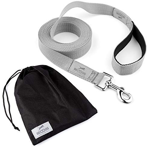 BedDog® Tyson Trainingsleine mit Aufbewahrungsbeutel, Lange Leine mit Handschlaufe, langlebige Schlepp-Leine, Hundeleine, Schwimmleine, robust 15m - grau