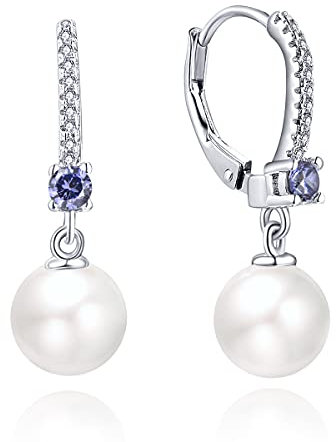 JO WISDOM Damen Perlen Ohrringe Perlenohrringe Silber 925 Hängend Hochzeit Ohrringe mit 8MM Perlen 3A Zirkonia Dezember Geburtsstein Tansanit Farbe,Schmuck für Frauen