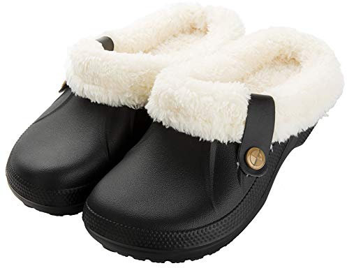 CELANDA Clogs Gefüttert Damen Herren Warm Hausschuhe wasserdichte Gartenclogs mit Fell Frauen Geschlossen Lined Clogs Winter Plüsch Pantoletten Schwarz D 40/41 EU