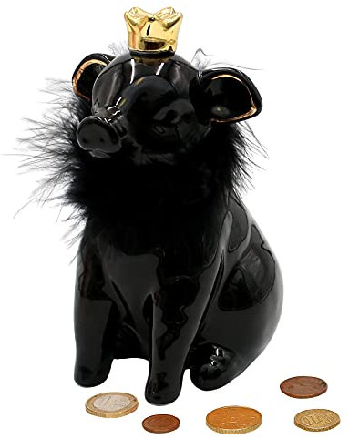 Keramik Spardose als Schwein - Sparschwein - Sparbüchse - Sparschweinchen in schwarz mit Fell und Goldener Krone, Größe ca. 10 x 12 x 16 cm