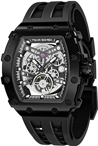 TSAR BOMBA Luxus Herren Automatik Mechanische Uhr-Japanisches Uhrwerk-Saphirglas-50M Wasserdicht Herrenuhr-Quadratische Armbanduhr Silikonarmband Leuchtend Elegante Geschenke für Männer