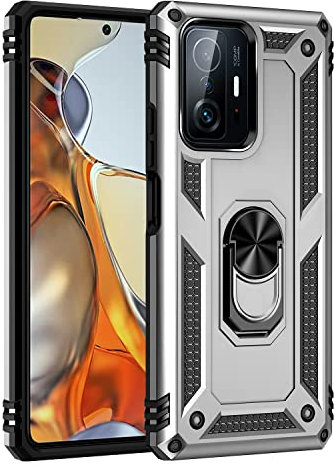 BestST Funda para Xiaomi 11T/11T Pro,+ HD Protector de Pantalla,Elegante Armadura híbrida Robusta Carcasa de Doble Capa de Alta Resistencia Caso con Anillo Grip,Plata