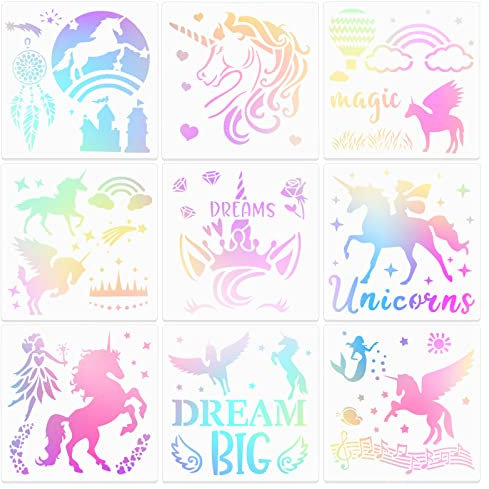 MWOOT 9 Stücke Einhorn Schablone, Wiederverwendbare DIY Schablonen Vintage, Unicorn Painting Stencils für Scrapbooking, Boden, Wand, Stoff, Möbel, Holz Dekoration, Schablonen für Kinder (20 x 20 cm)