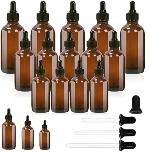 Swpeet 24Pcs 1 oz 2 oz 4 oz Amber Glass Bottles with Black Glass Dropper Assortment Kit, Eye Dropper Bottle Glass Dropper Bottle for Essential Oils, Liquids, Perfume, Leak Proof Travel