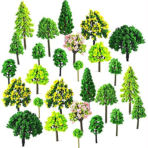 ANCLLO 55 Pcs Mixed Plastic Model Miniature Trees, Model Train Scenery Decorative Fake Trees, DIY Mini Artificial Scenery Landscape,Fish Tank,Teaching(3-7 cm)