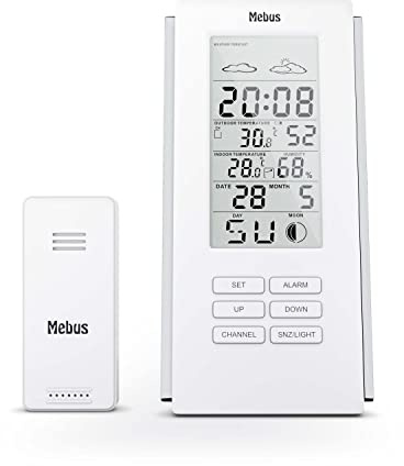 MEBUS Funkgesteuerte Wetterstation mit Außensensor, Thermometer (innen/außen), Hygrometer (außen), Funkuhr (DCF 77), Wettervorhersage mit Symbolen, Mondkalender, Wecker, Farbe: Weiß, Modell: 40710