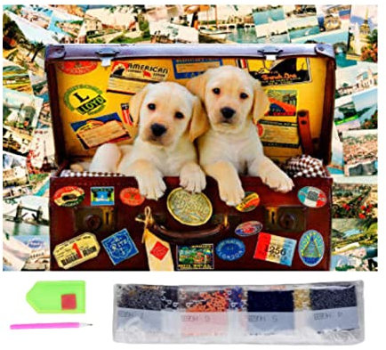 SusggO Diamond Painting, Set Pintura de Diamantes 40cmX30cm Diamond Painting Kit completo accesorios DiY 5D Cuadro Punto de Cruz Bordados Manualidades Decoracion Hogar Pared (PERROS FOTOS MALETA)