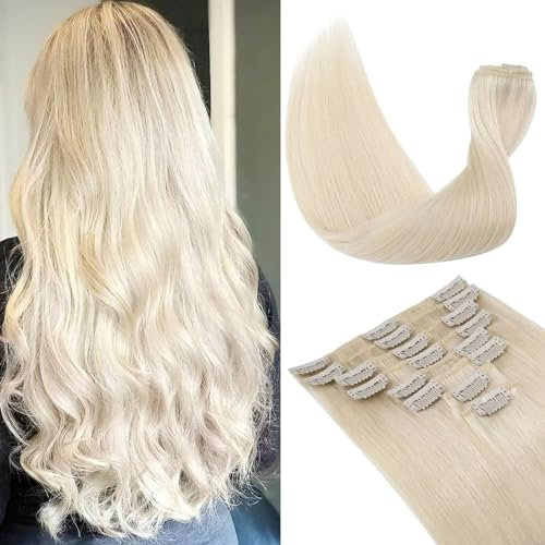 TESS Clip in Extensions Echthaar, 8pcs Clip in Haarverlängerung Remy Echt Haare Natürliche 18 Clips 8 Tressen Clip in Extensions Human Hair 65g 40 cm Weiß Blond