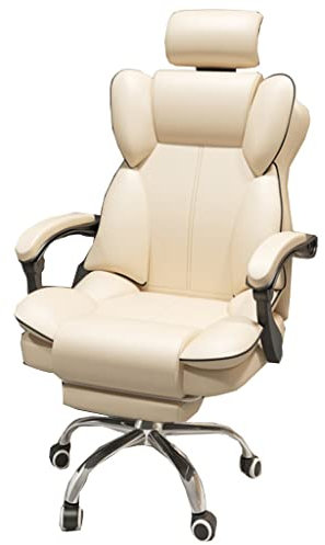 GIZNXBA Bürostuhl Ergonomisch Leder Schreibtischstuhl Chefsessel Mit Fußstütze, Computerstuhl Mit 130° Rückenlehne, Schreibtisch Drehsessel Lendenwirbelstütze (Color : /Beige)