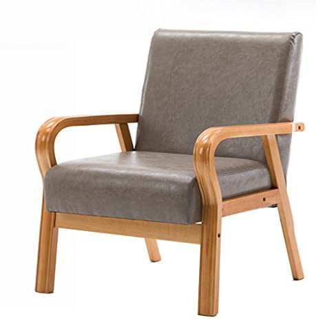 WIGSELBL PU-Leder-Sessel, Retro-Freizeit-Akzent-Sofa-Stuhl mit extra weich gepolstertem und Kissen, Holz-Massiv-Einzelsessel Mitte Jahrhundert, moderner Stuhl gepolsterter Clubsessel (Farbe: grau)