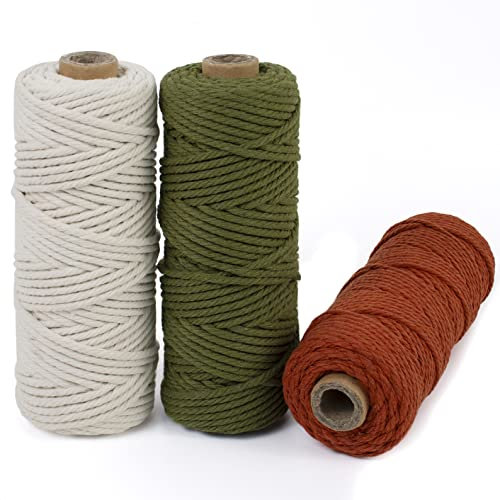 LEREATI Makramee Garn 3mm Set, 150m Makramee-Schnur, Farbig Baumwollseil, Baumwollgarn 3mm zum Makramee Deko, Hängepflanze, Wandbehang, Hochzeitsbogen (Naturfarben, Armeegrün, Korallenrot)