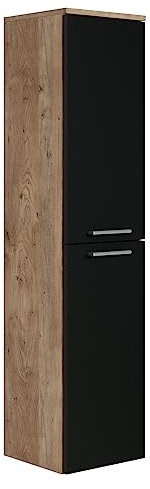 Badezimmer Badschrank Saturnus 130cm Eiche Kastanie mit mat Schwarz - Regal Schrank Hochschrank Schrank Möbel